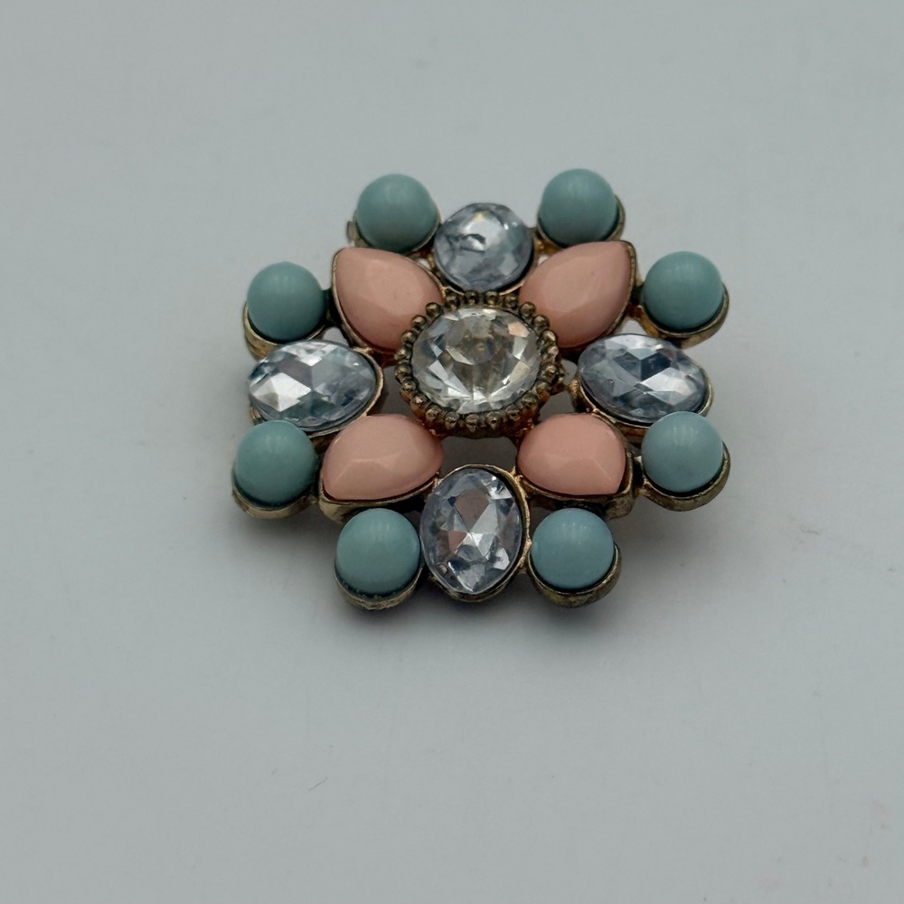 Vintage Style Pink Turquoise Rhinestone Floral Cluster Slide Pendant Gold Tone